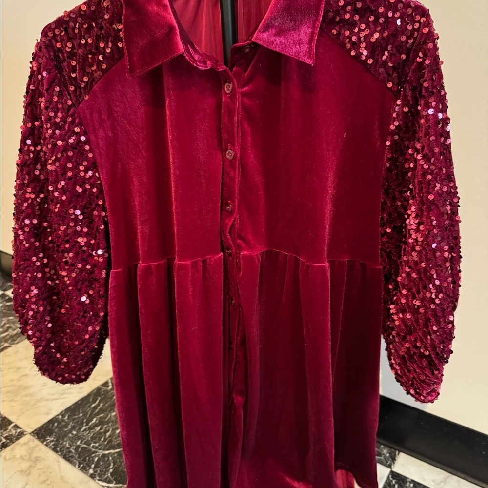 Umgee Red Velvet Sequin Sleeve Babydoll Tunic Small Holiday Top Boho Festival